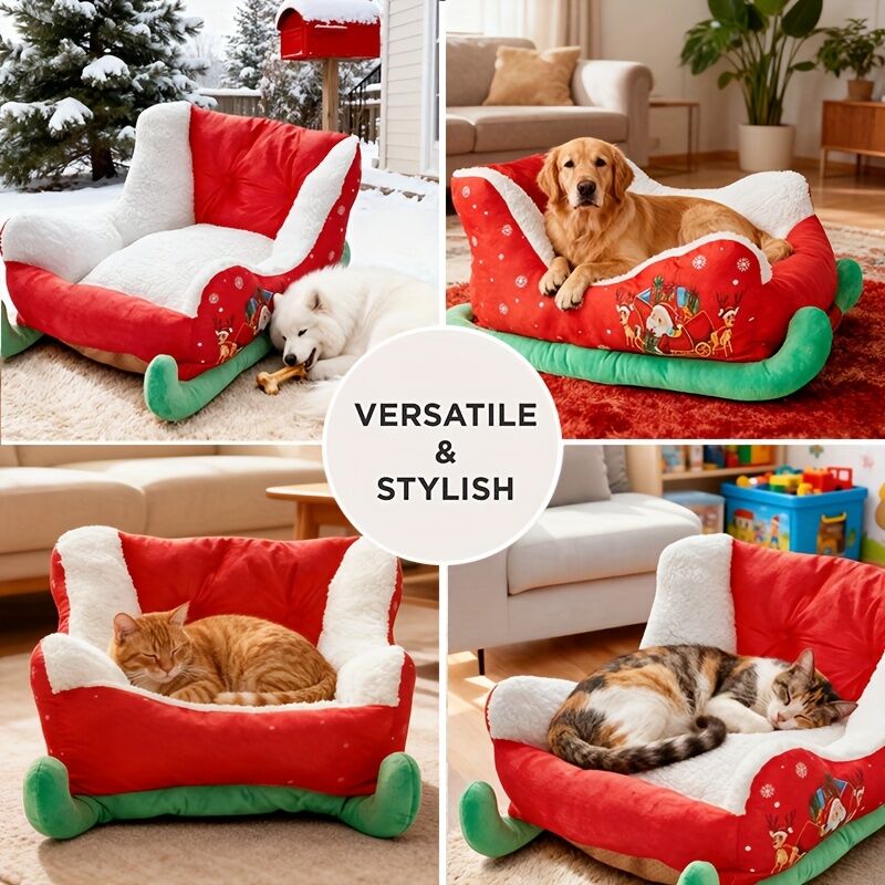 Christmas sled cat bed and dog house-winter warm pet bed, detachable and washable, without assembly, comfortable/outdoor pet sofa, suitable for cats and small dogs, snow house design. VelaOz