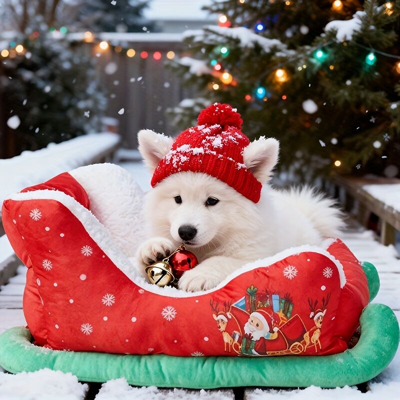 Christmas sled cat bed and dog house-winter warm pet bed, detachable and washable, without assembly, comfortable/outdoor pet sofa, suitable for cats and small dogs, snow house design. VelaOz
