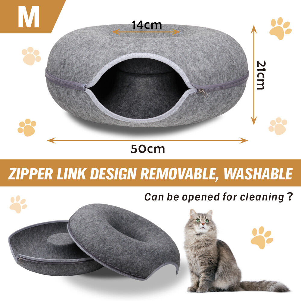 🐾 Felt Cat Tunnel Cave Bed – Detachable Calming Donut Cat House VelaOz