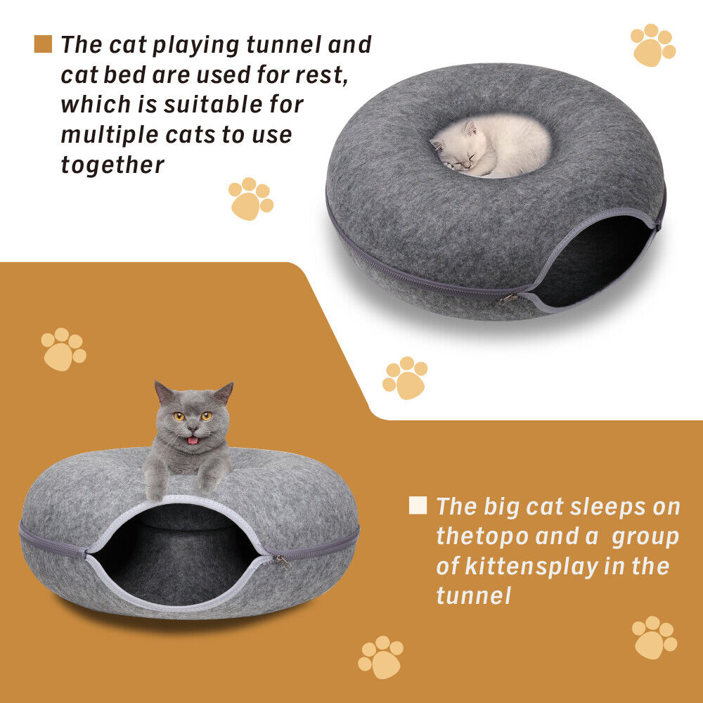 🐾 Felt Cat Tunnel Cave Bed – Detachable Calming Donut Cat House VelaOz
