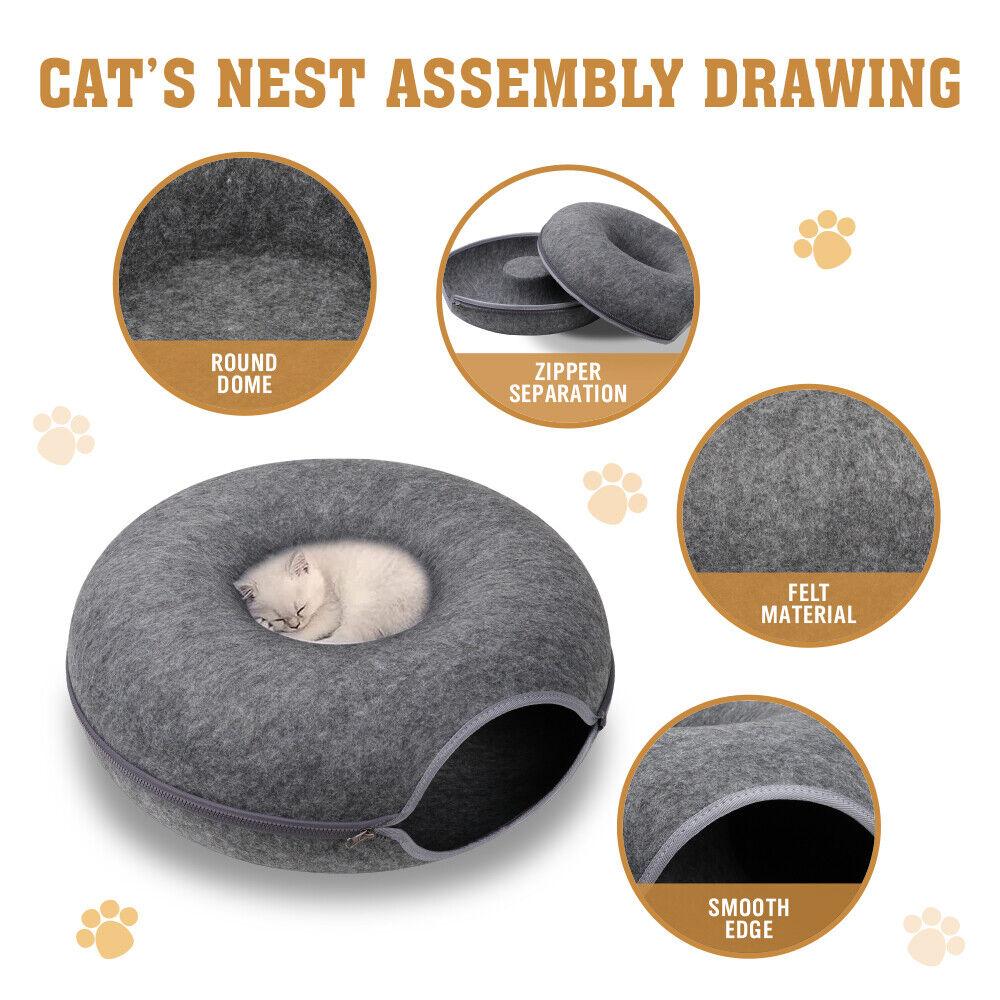 🐾 Felt Cat Tunnel Cave Bed – Detachable Calming Donut Cat House VelaOz