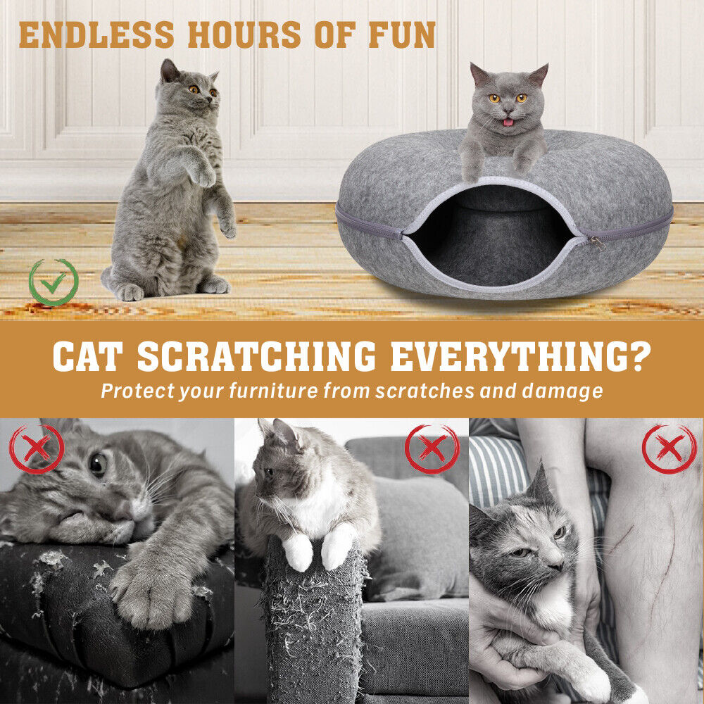 🐾 Felt Cat Tunnel Cave Bed – Detachable Calming Donut Cat House VelaOz