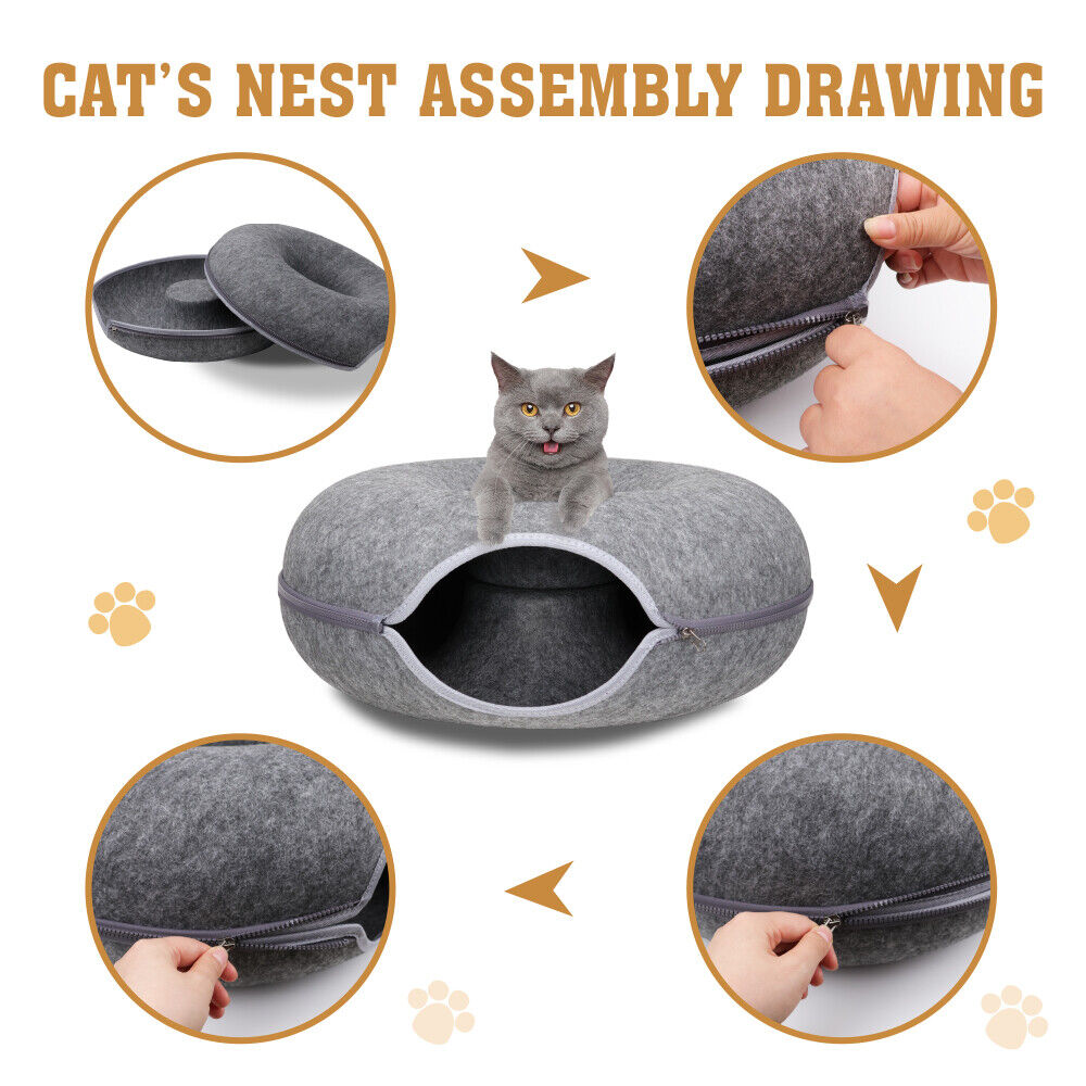 🐾 Felt Cat Tunnel Cave Bed – Detachable Calming Donut Cat House VelaOz