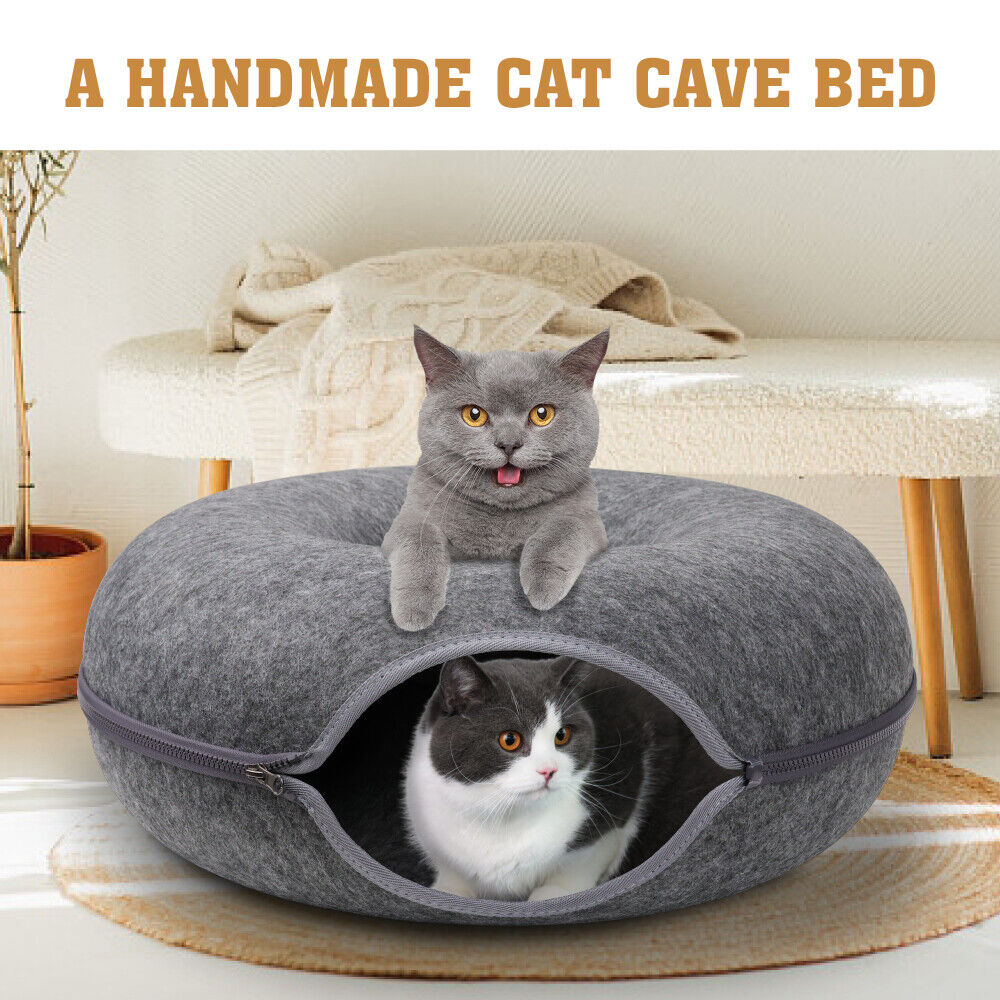 🐾 Felt Cat Tunnel Cave Bed – Detachable Calming Donut Cat House VelaOz