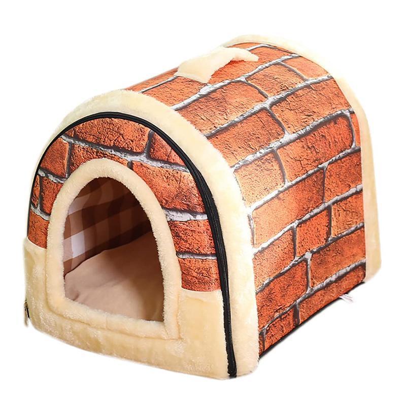 L Size Pet House Kennel Soft Igloo Beds Cave Cat Puppy Bed Warm Cushion Fold - Brick VelaOz